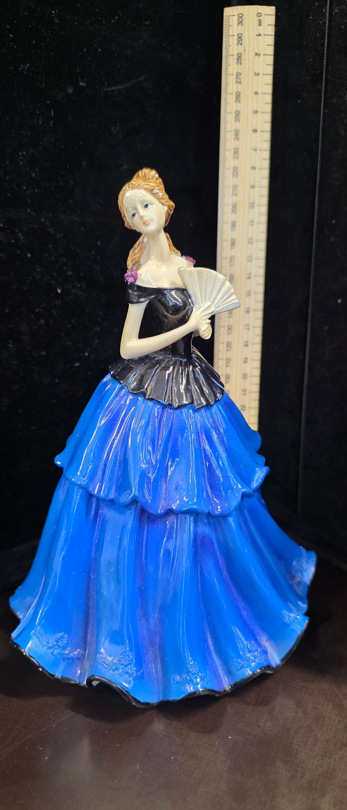#P029 Elegant Lady in Blue Ball Gown Figurine w/ Fan – 11" Resin Decor