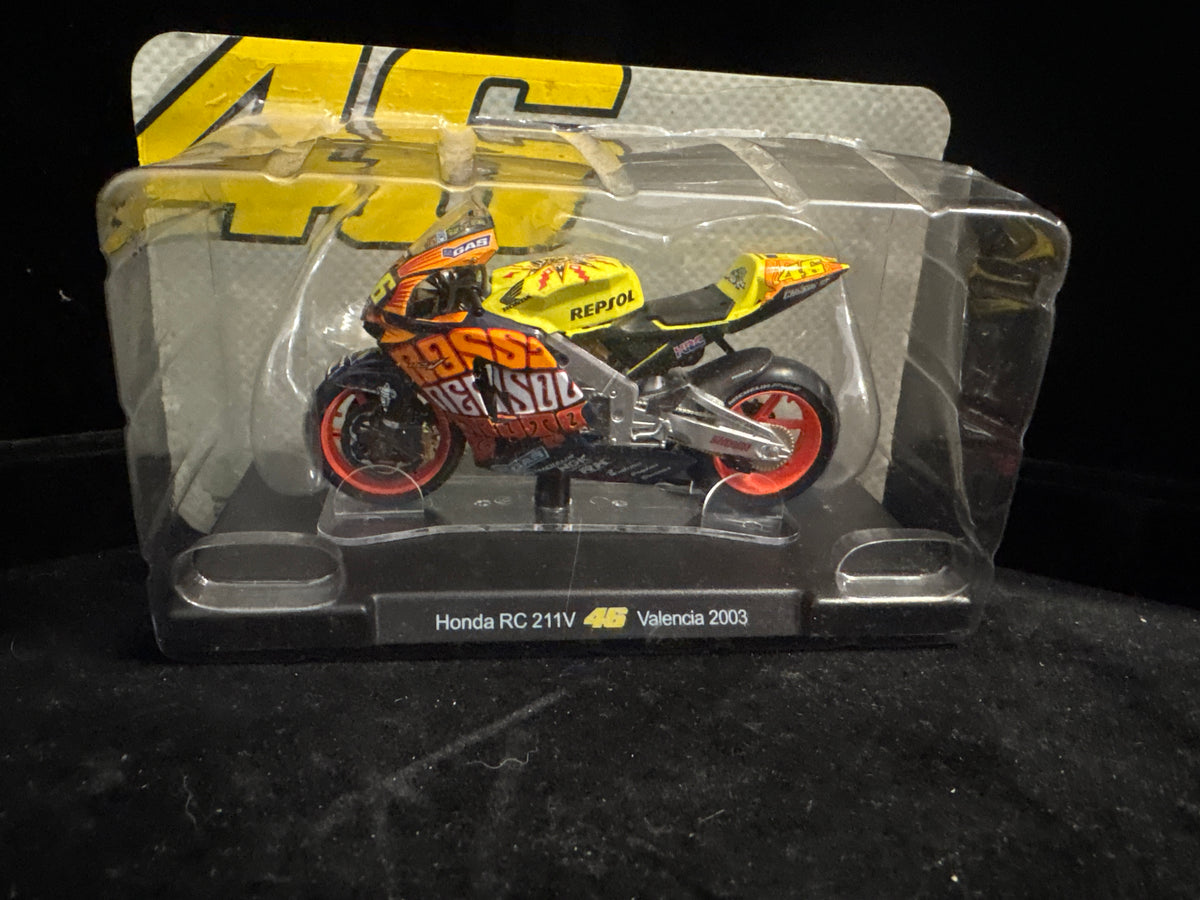 #P004 Honda RC211V #46 Valencia 2003 Die‑Cast Motorcycle Miniature (Sealed Blister)