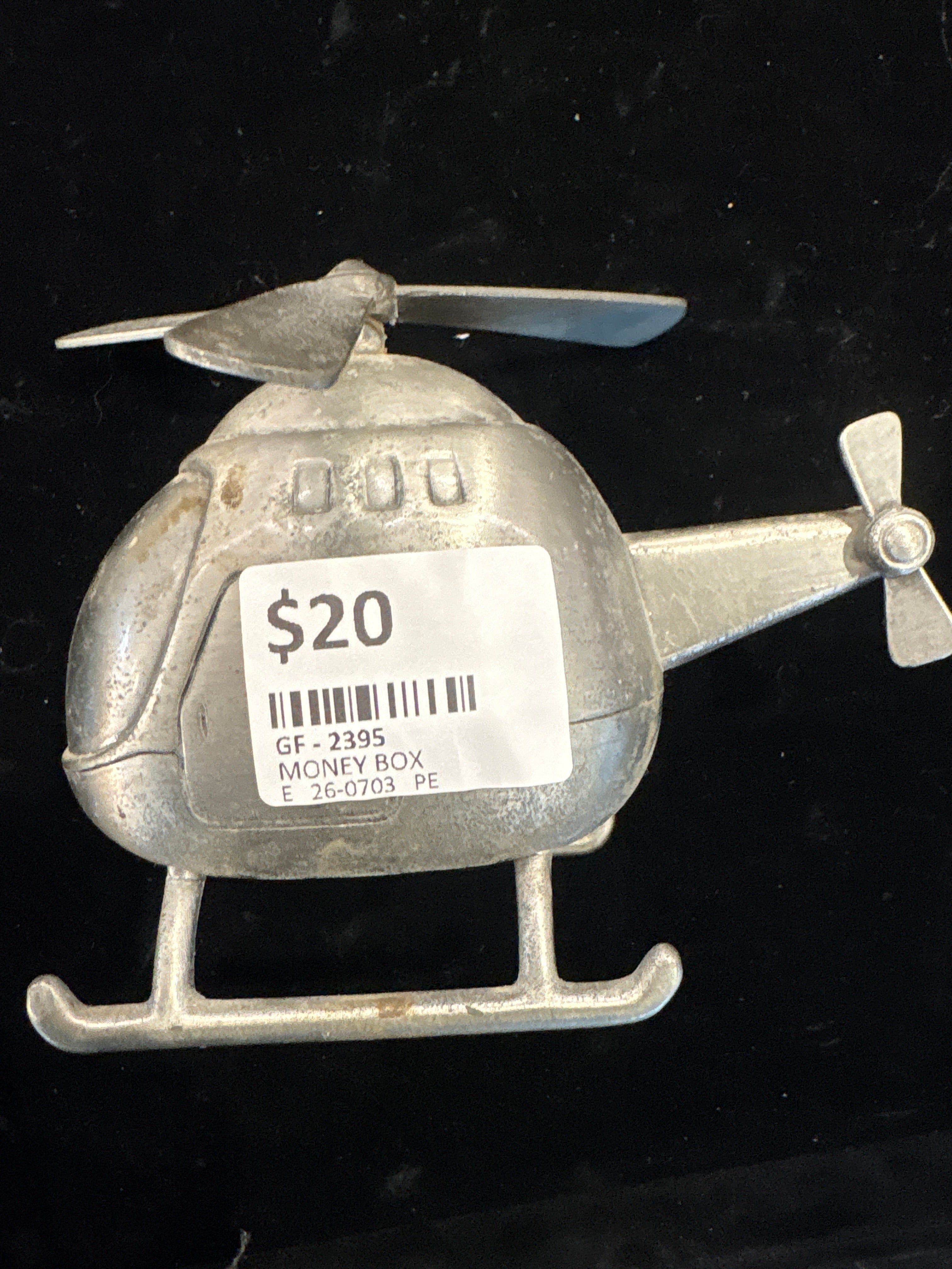 #2395 Vintage Metal Helicopter Money Box – Collectible Coin Bank with Spinning Blades