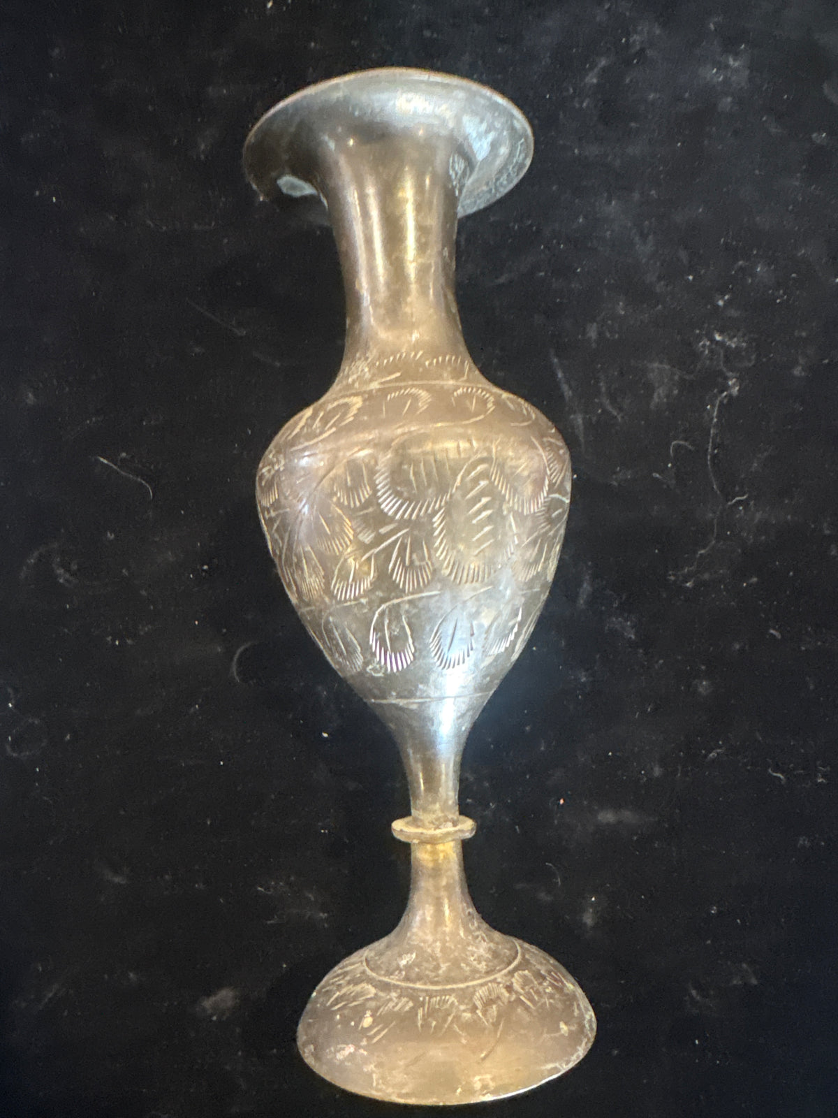 #1709-1 Vintage Hand‑Engraved Brass Vase / Chalice – Ornate Etched Floral Design – Decorative Collectible Piece