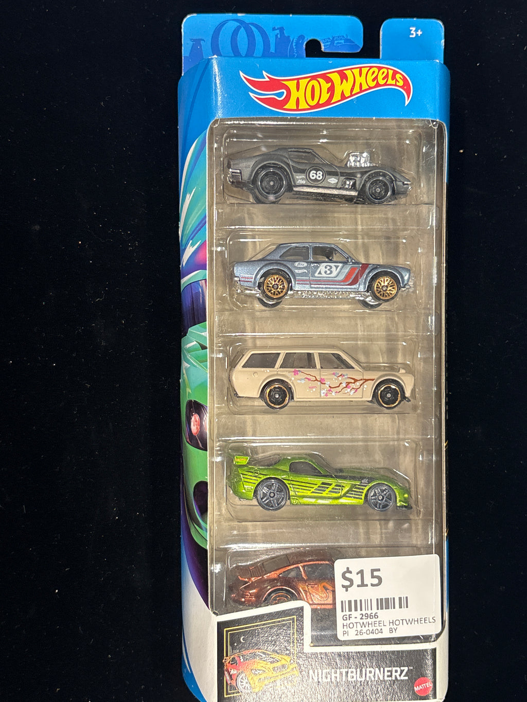 #2966 Hot Wheels Nightburnerz 5‑Car Set – Corvette, Escort RS1600, Datsun 510 Wagon, Viper SRT10, Porsche 934
