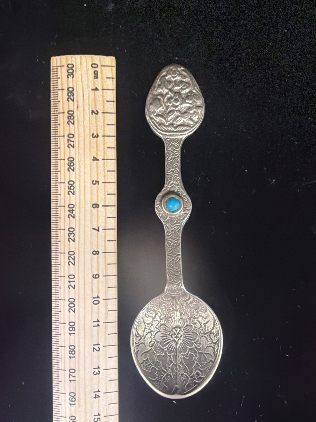 #P030 Vintage Ornate Brass Souvenir Spoon w/ Turquoise Cabochon – Floral Engraved, XRF Tested Non‑Silver, 4.75"