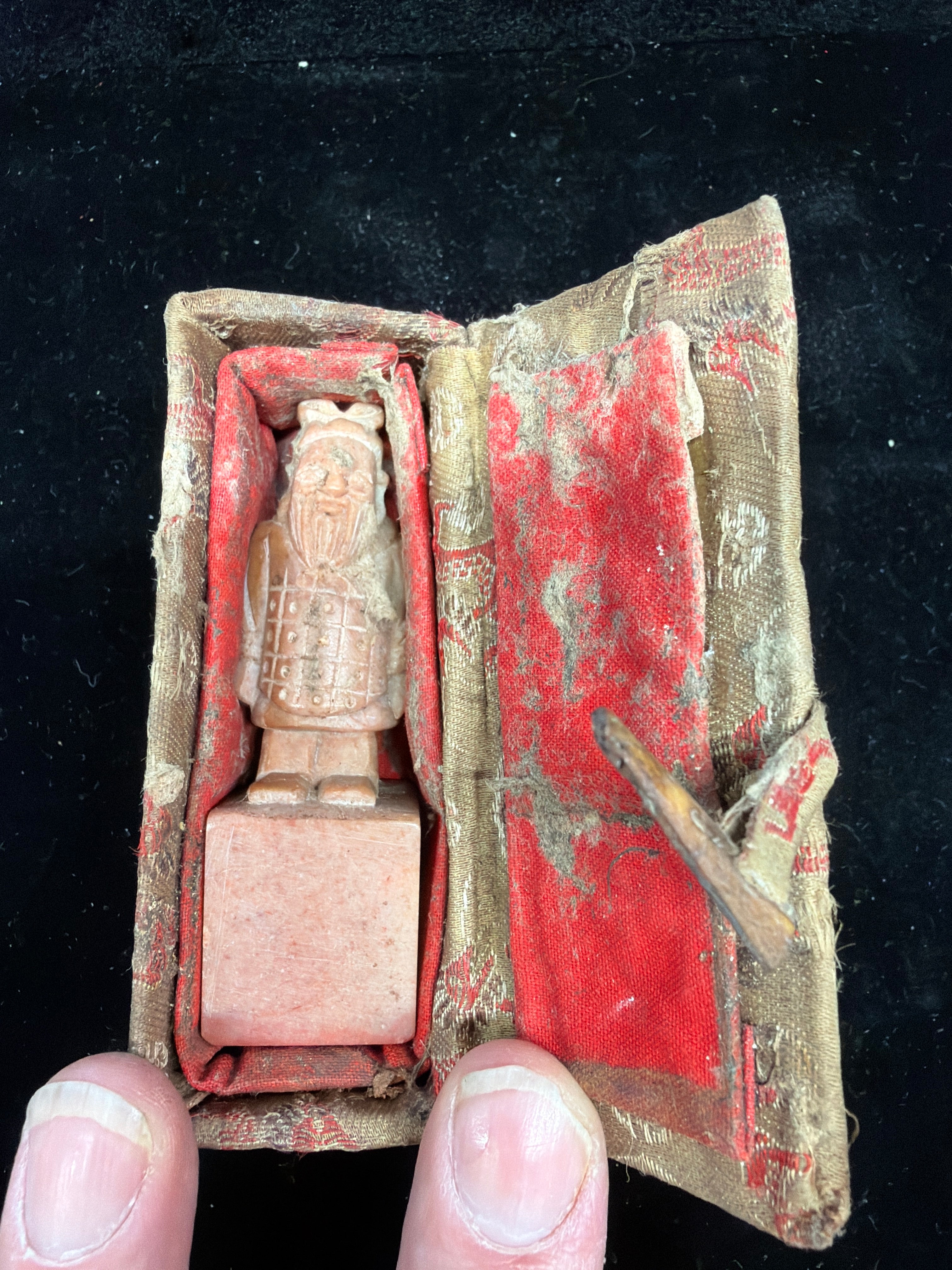 #P008 Antique Carved Chinese Stone Seal Stamp w/ Figural Handle + Original Silk Box