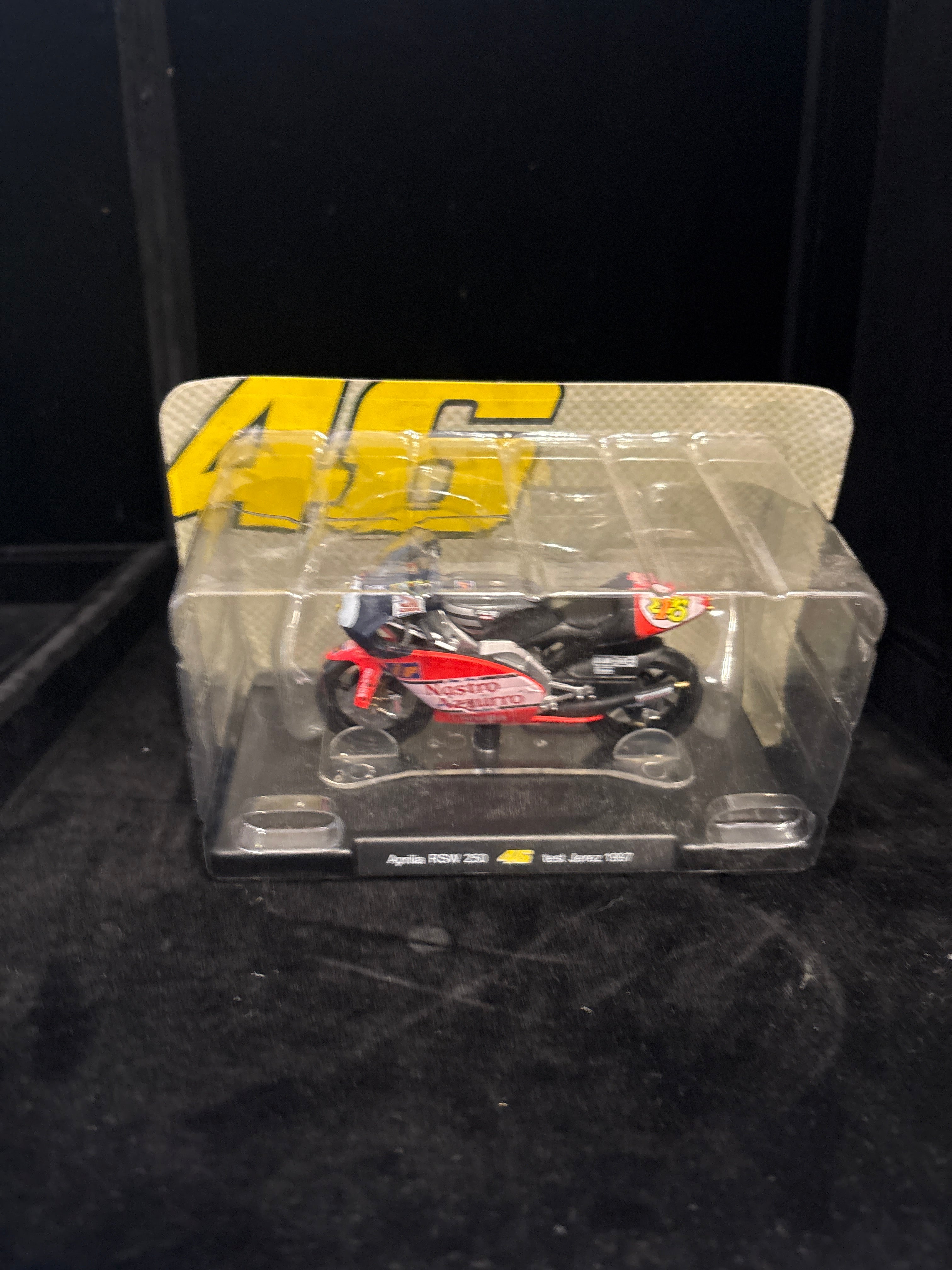 #P002 “Aprilia RSW 250 • Nastro Azzurro • #46 Racing Miniature Die‑Cast Bike – Jerez 1997 Edition”