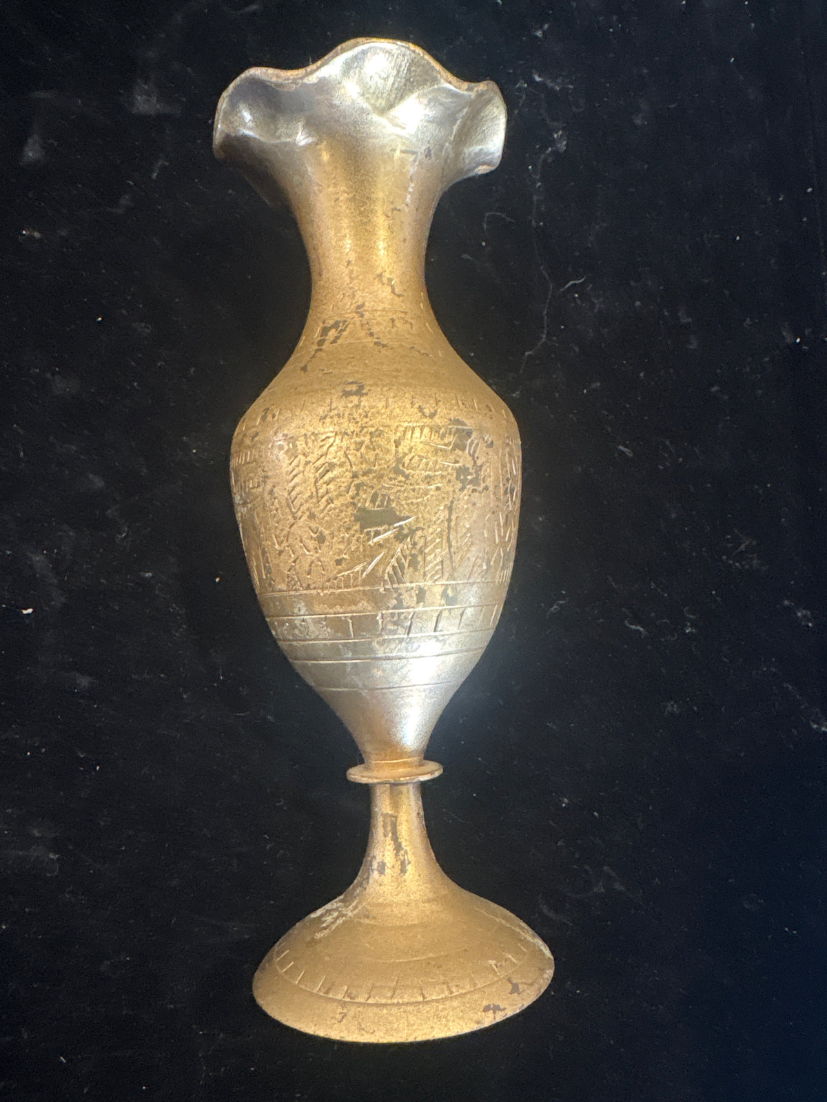 #1709-2 Vintage Etched Brass Decorative Vase – Ornate Middle Eastern Style Collectible