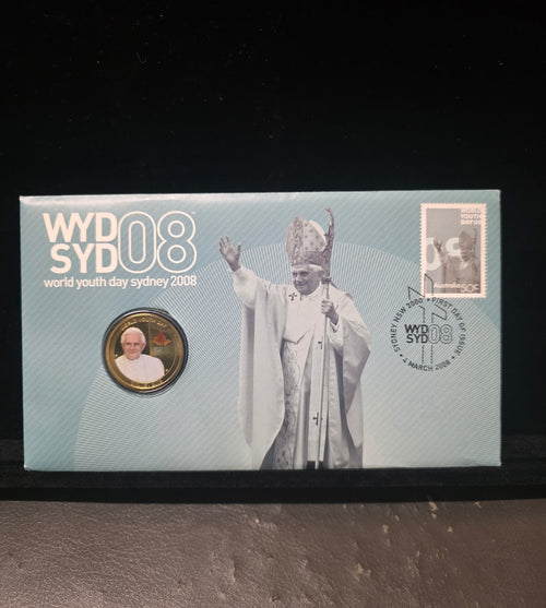 #129 WYD SYD 2008 World Youth Day Collector Card & Coloured Coin – Australia Post First Day Issue